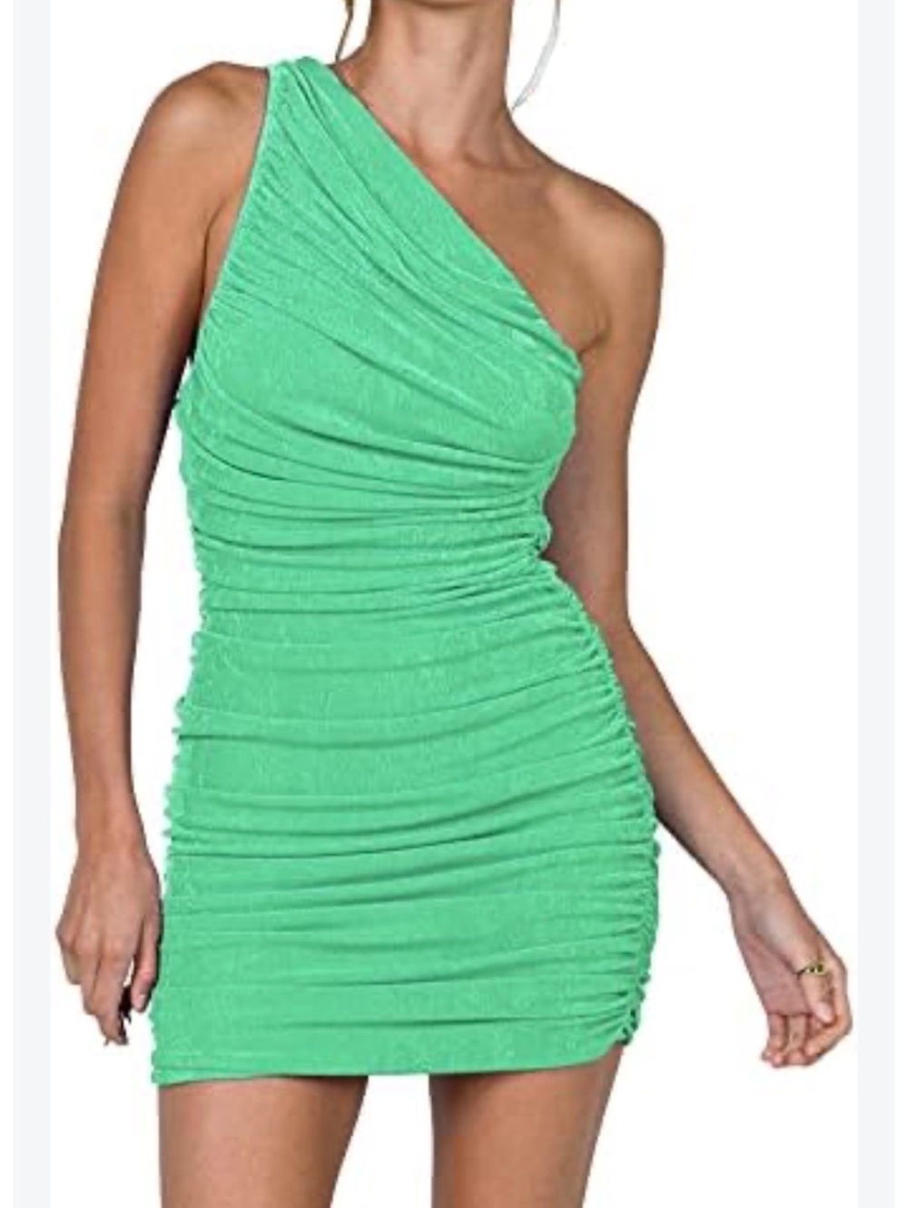 Lyaner Green One-Shoulder Ruched Mini Dress XS